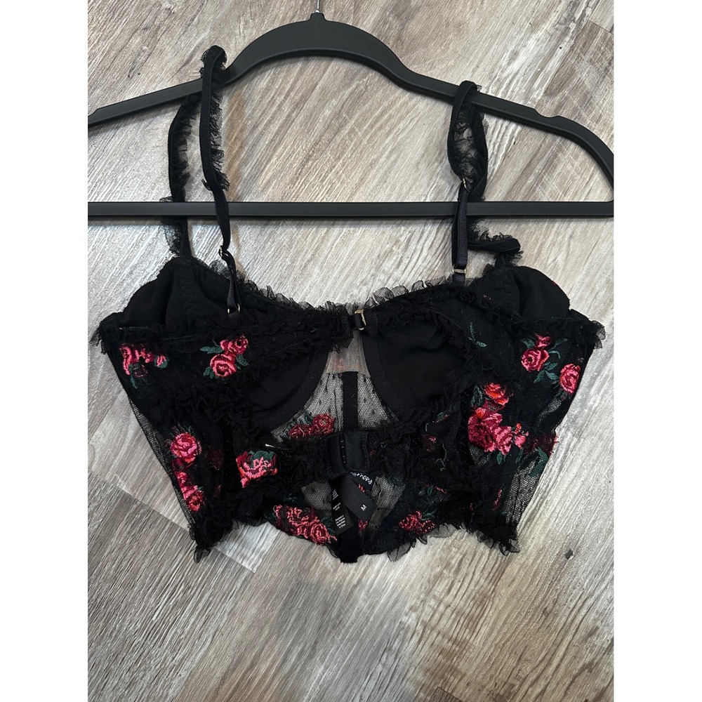 For Love & Lemons Black Red Rose Embroidered Mesh Corset Bustier Crop Top Medium - Picture 5 of 8